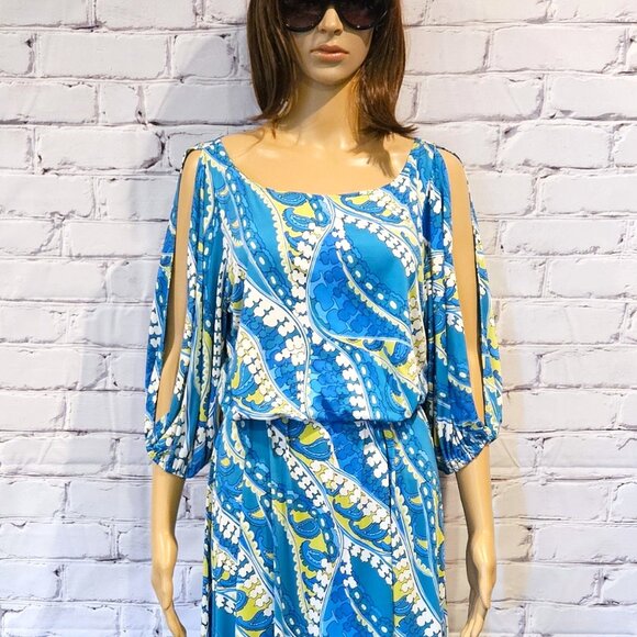 NIKKI POULOS, Turquoise/lime green print cold shoulder maxi Hydra dress - Picture 7 of 15
